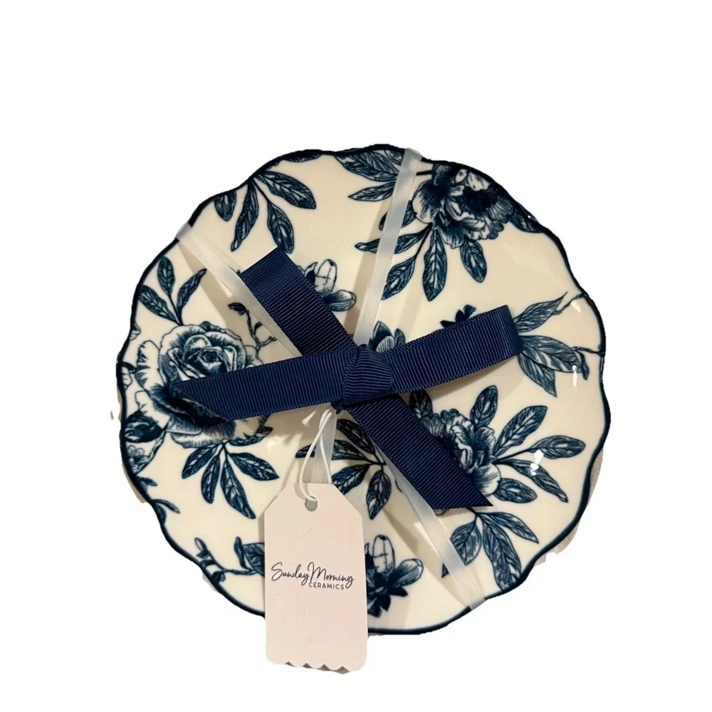 SUNDAY MORNING CERAMICS Four HERITAGE FLORAL Blue & White APPETISER PLATES‎